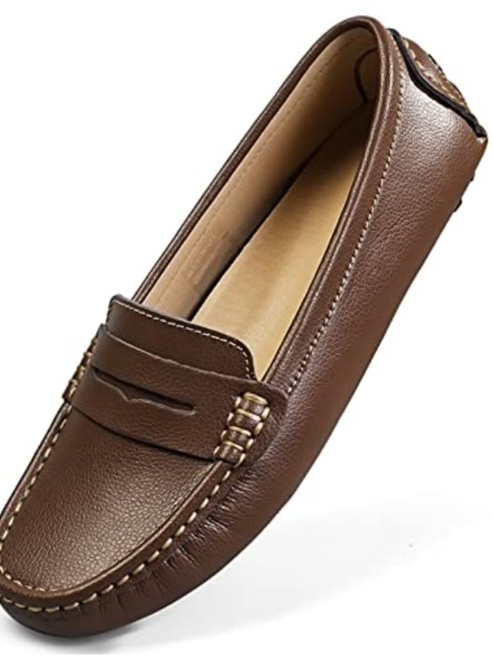 Womens Real Leather Penny Loafers Slip-On Memory Foam Comfort Walking Flats